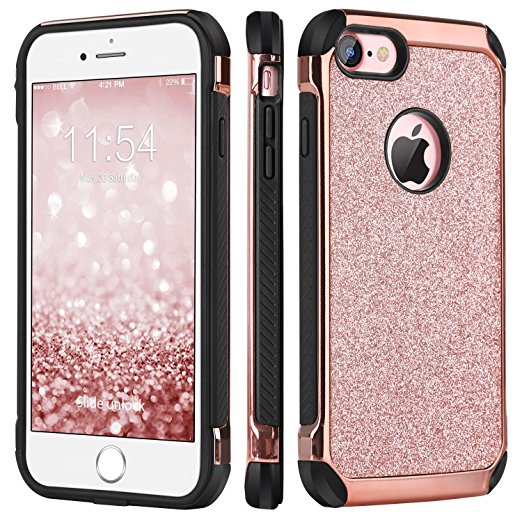 iPhone 8 Case,iPhone 7 Case,BENTOBEN Sparkly Glitter Luxury 2 in 1 Slim Hybrid Hard PC Girls Women Cover with Shiny Leather Shockproof Protective Case for Apple iPhone 8/7(4.7 inch),Rose Gold&Pink