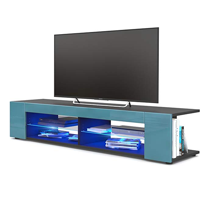 Vladon TV Unit Stand Movie, Carcass in Black matt/Front in Teal High Gloss with LED lighting in Blue