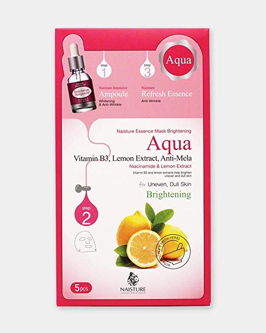 Naisture Aqua Face Mask Pack (5 Sheets), 3 Step Full Facial Treatment with Lemon and Vitamin B3 for Uneven, Dull Skin - Brightening