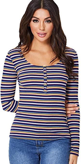 Milumia Women's Casual Striped Ribbed Tee Knit Crop Top
