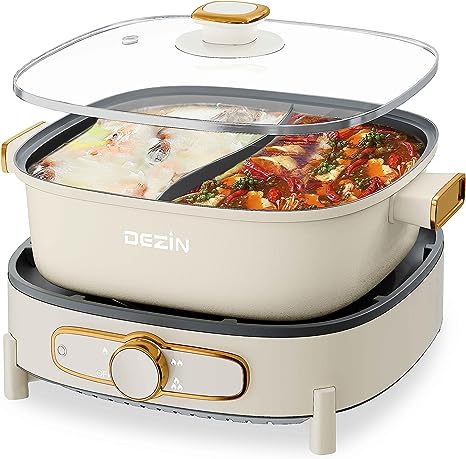 Dezin Hot Pot Electric with Divider, 5L Double-Flavor Electric Shabu Shabu Pot, Removable Non-Stick Dual Sided Electric Cooker, 3" Depth Divided Pot with Multi-Power Control, 2 Silicone Ladles Included