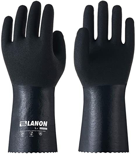 LANON Nitrile Chemical Resistant Gloves, Heavy Duty Work Gloves, Micro Foam Non-slip, Latex Free, Reusable, CAT III, Large