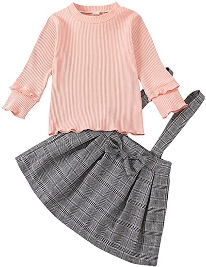 BOWINR Baby Girl Clothes Toddler Outfits Long Sleeve Shirt Stripe Top Plaid Suspender Skirt Bowknot Set