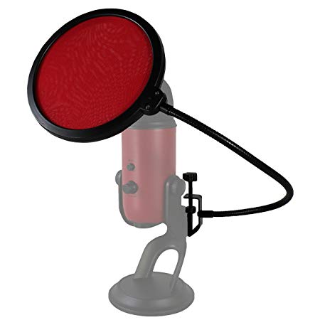 HDE 6 Inch Pop Filter Shield Studio Microphone Wind Screen with Stand Clip for Blue Yeti Microphones and USB Condenser Mics (Red)