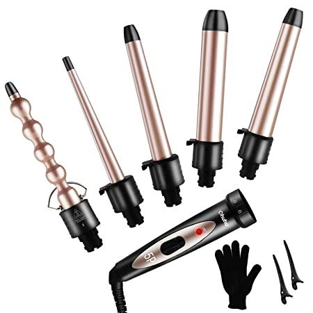 5 in 1 Curling Iron Wand Set, Ohuhu Upgrade Curling Wand With 5Pcs 0.35 to 1.25 Inch Interchangeable Ceramic Barrel and Heat Protective Glove, Dual Voltage Hair Curler, Rose Gold, Mother's Day