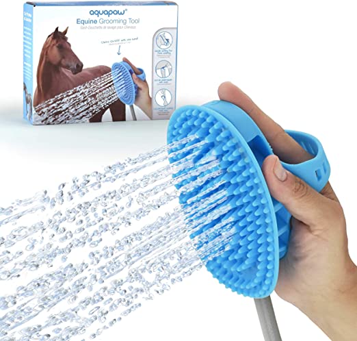 Aquapaw New Equine Grooming Tool - Bath Curry Sprayer and Scrubber in One for Horse, Large Dog, and Livestock Bathing- Garden Hose Adapter Included