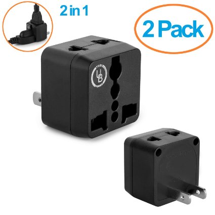 Yubi Power 2 in 1 Universal Travel Adapter with 2 Universal Outlets - 2 Pack Black - Built in Surge Protector Type A for U.S.A., Japan, China, Canada, Mexico, Puerto Rico, Jamaica, Thailand, and more