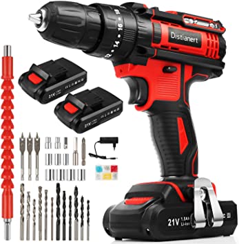 Distianert Cordless Drill Driver 21V, 80Pcs Power Drill Set with 2 Batteries, 18 3 Torque Setting, 3/8" Chuck, Max 35Nm, 2-Speed ​​with LED Light, 3-in-1Electric Screwdriver for DIY Concrete Wood Wall