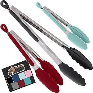 GorillaGorilla Grip Stainless Steel Heat Resistant Kitchen Tongs for Cooking, 7   9   12 Inch Set of 3 BBQ Tong, Non Scratch Silicone Tip for Pans, Strong Grip, Grab Food, Pull Lock, Black Mint Red