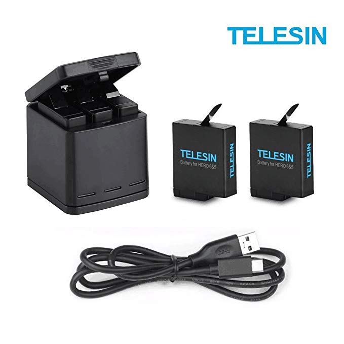 TELESIN Triple Battery Charger Set Charging Box   2 Batteries, USB Type-C Cable 3 in 1 Accessory Kit for GoPro Hero 6/Hero 5