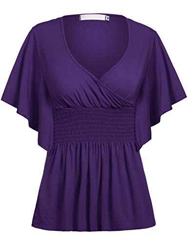 Beyove Women Slimming V-Neck Short Batwing Sleeve Smocked Empire Waist Tunic Top