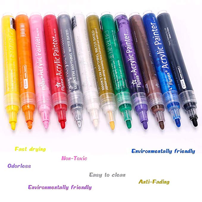 Acrylic Paint Pens Set, 12 Vibrant Colors Paint Pen for Rock Painting, Canvas, School Project, Glass, Ceramic, Wood