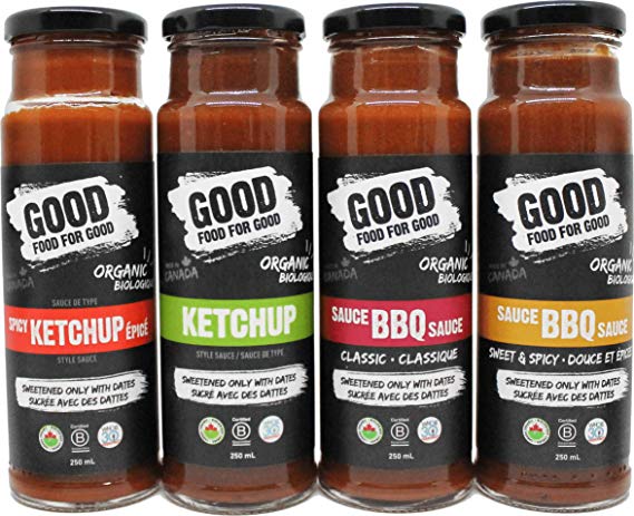 Good Food For Good Organic Ketchup & BBQ Sauce Sampler Set, Refined Sugarfree Ketchup BBQ Sauce; Keto/Vegan/Paleo/Non GMO/Gluten Free/Low Salt/Soy Free/Corn Free; Naturally Sweetened w/ Dates (9.5 oz)