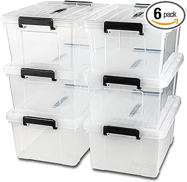 Lifetime Home (6 Pack) 42 Qt. [UPGRADED] Plastic Storage Bin Tote Organizing Container with Ultra Durable Lid and Secure Latching Buckles, Stackable, Extra Strength Clear with Black Handle