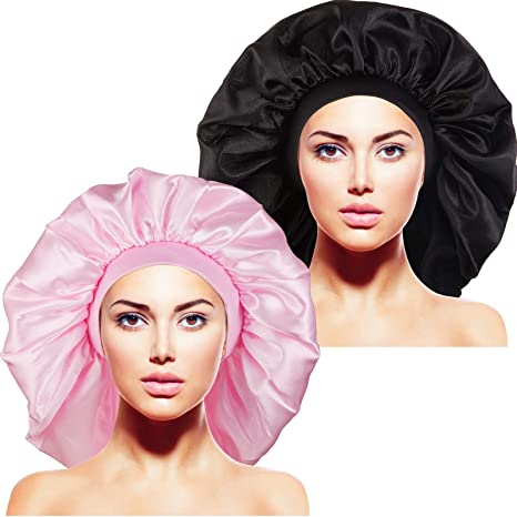 2 Pieces Extra Large Sleep Cap Jumbo Cap Large Satin Bonnet with Comfort Elastic Band (Black and Pink)