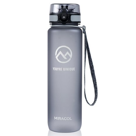 Miracol Sports Water Bottle, 32oz Large - Eco-Friendly Tritan Co-Polyester Plastic - with Flip Top Lid & Adjustable Strap - BPA Free - Best for Gym, Cycling, Camping, Running