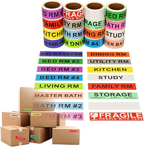 960 Home Moving Labels for 4 Bedroom House, 60 Labels per Roll, 16 Color Coded Label Rolls, Included Fragile Stickers and Blank Label, for Moving Supplies, Cardboard Box, Wardrobe Boxes