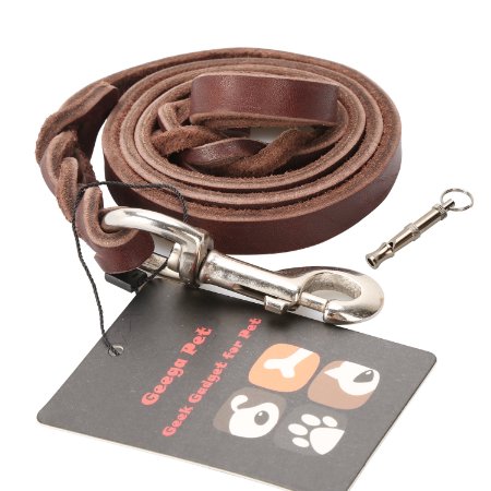 Geega Pet Leather Dog Training Leash,Heavy Duty Braided Leather Slip Lead Leash for Dogs with Dog Training Whistle