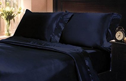 Mk Collection 2pc Soft Silky Satin Solid Color Standard/Queen Pillow cases Set (2 standard pillow cases, Navy Blue)