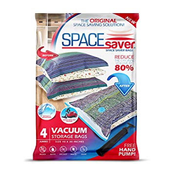 Spacesaver Premium Reusable Vacuum Storage Bags (Jumbo 4 Pack), Save 80% More Storage Space. Double Zip Seal & Leak Valve, Travel Hand Pump Included
