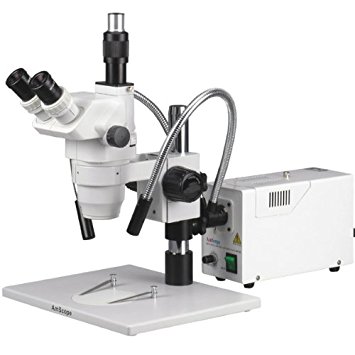 AmScope ZM-1TW3-FOD Professional Trinocular Stereo Zoom Microscope, EW10x and EW25x Eyepieces, 2X-225X Magnification, 0.67X-4.5X Zoom Objective, Dual-Gooseneck Fiber-Optic Light, Large Pillar-Style Table Stand, 110V-240V, Includes 0.3x and 2.0x Barlow Lenses