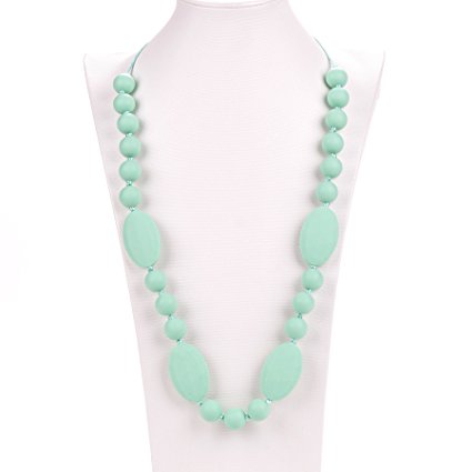 Silicone Teething Necklace - 12 Color Choices - Baby Safe For Mom To Wear - BPA-Free Beads To Chew - Stylish & Natural "Cora" (Fresh Mint)