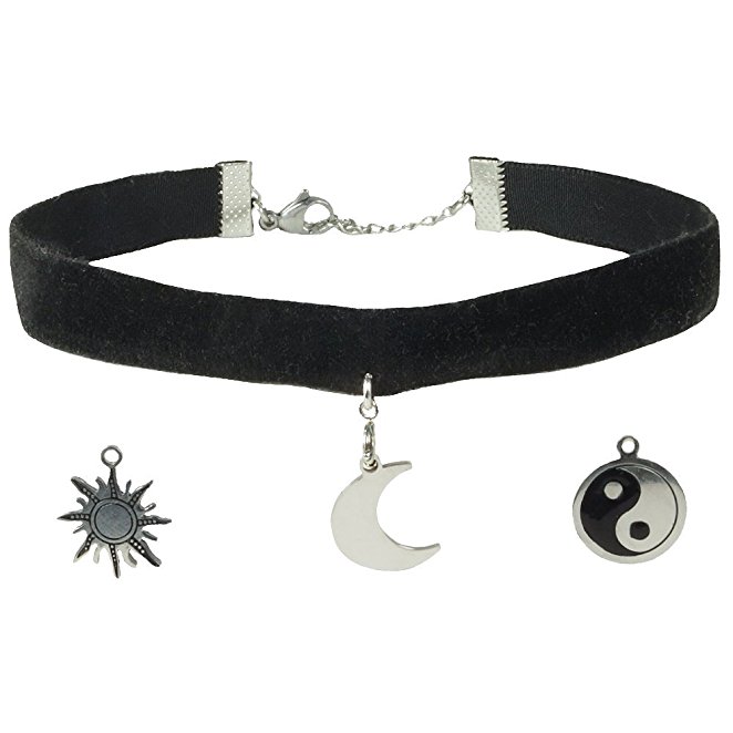 VO Choker Necklaces - Black Velvet Ribbon Collar Necklace with Interchangeable Pendant Charm Set – Sun, Moon and Yin Yang