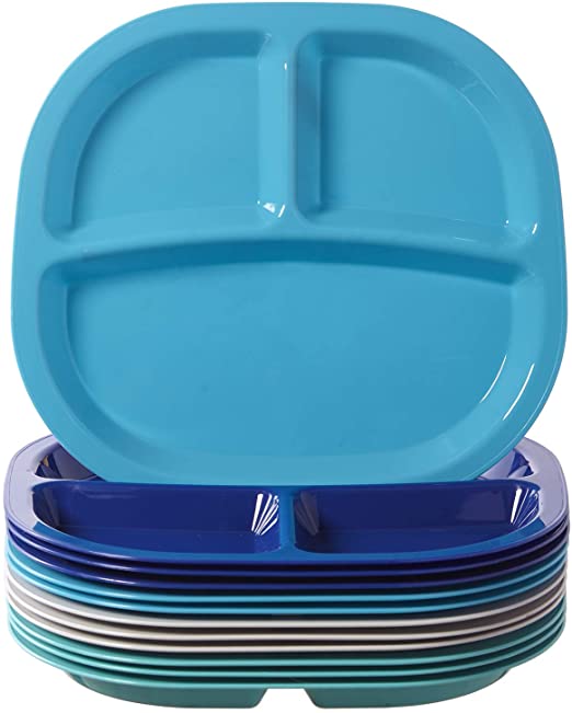 Harmony 3-Compartment Divided Plastic Kids Tray | set of 12 in 4 Coastal Colors
