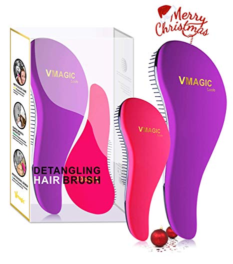 VMAGIC High Quality Detangling Brush Set - glide the Detangler Brush through Tangled hair - Best Brush/Comb for Women, Girls, Men & Boys - Use in Wet and Dry Hair (Big - Purple/Small - Rose Red)