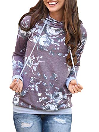 WD-Amour Women's Floral Print Casual Drawstring Long Sleeve Hoodie Pullover Sweatshirts