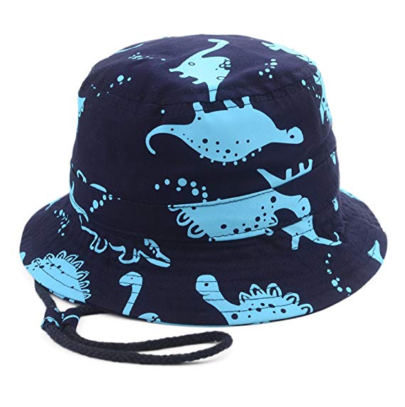 Zeltauto Kid's Bucket Hat Cotton Summer Beach Sun Cap with Adjustable Chin Strap Cartoon Dinosaur