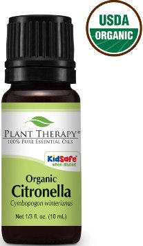 USDA Certified Organic Citronella Essential Oil. 10 ml (1/3 oz). 100% Pure, Undiluted, Therapeutic Grade.