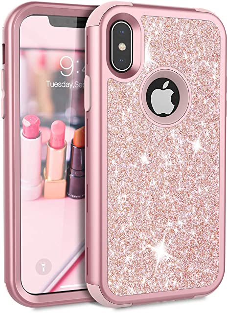 Prologfer iPhone X Case Hard 3 in 1 Glitter iPhone XS Case Shockproof 360 Full Protection Hard Back Silicone Bumper Cover Heavy Duty Anti Scratch Protective Case for iPhone XS Rose Gold