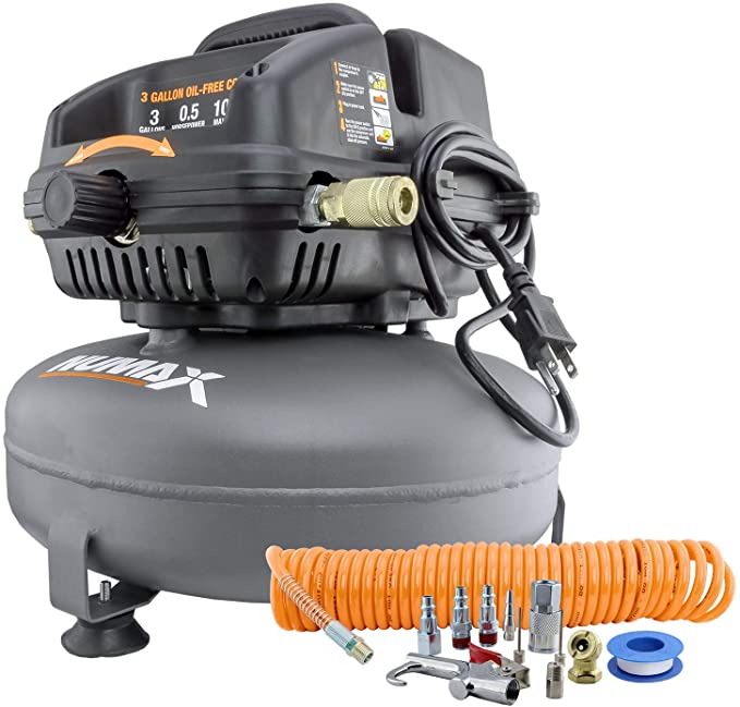 NuMax S3GICK 3 Gallon 1/2 HP Portable Electric Oil-Free Pancake Air Compressor with 25' Air Hose and 11-Piece Inflation Kit