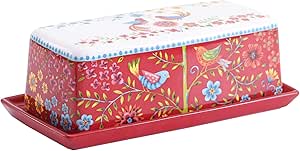 Bico Red Spring Bird Ceramic Butter Dish with Lid, Butter Keeper for Counter, Kitchen, Dishwasher Safe