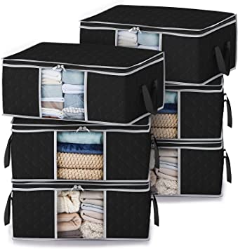 Lifewit Clothes Storage Bag Foldable Storage Bin Closet Organizer with Reinforced Handle Sturdy Fabric Clear Window for Sweaters, Coats, T-shirts, Blankets, 6 Pack, 35L, Black