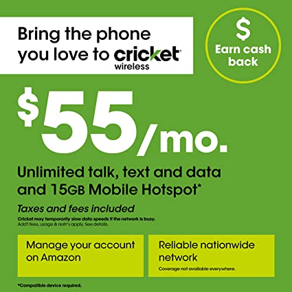 $55 Monthly Subscription for Cricket Unlimited Talk/Text/Data includes 15GB Mobile Hotspot plan   SIM Kit