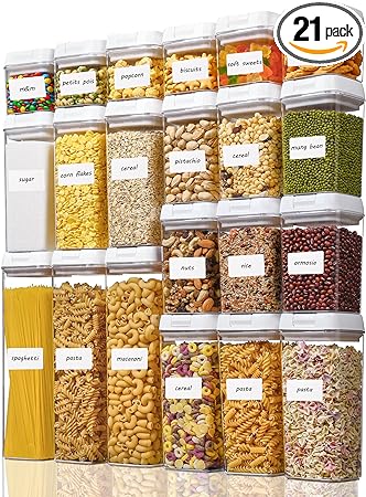 Vtopmart 21 PCS Airtight Food Storage Containers Set, BPA Free Plastic Kitchen Pantry Organizer, with Easy Lock Lids for Pasta Spaghetti Cereal Snack Flour Sugar Rice Organization, Include 24 Labels