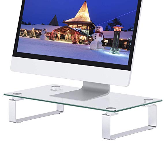 Glass Monitor Stand - Monitor Stand Riser with Anti Slip Legs, Tempered Glass Premium Ergonomic Screen Holder Suitable for LED LCD TV Monitor, Notebook, Computer up to 44lbs by HUANUO