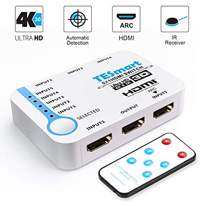 TESmart HDMI Switch 4K 5 in 1 Out HDMI Switcher Box with IR Remote(White)