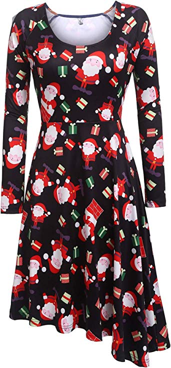 Zeagoo Women's Long Sleeve Christmas Print Pullover Fit and Flare Dress