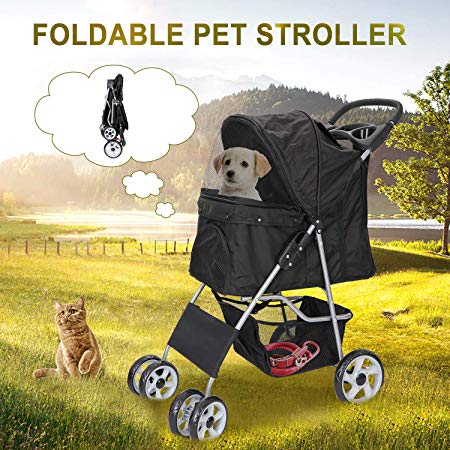 Nova Microdermabrasion Foldable Pet Dog Stroller for Cats and Dog Four Wheels Carrier Strolling Cart with Weather Cover, Storage Basket   Cup Holder