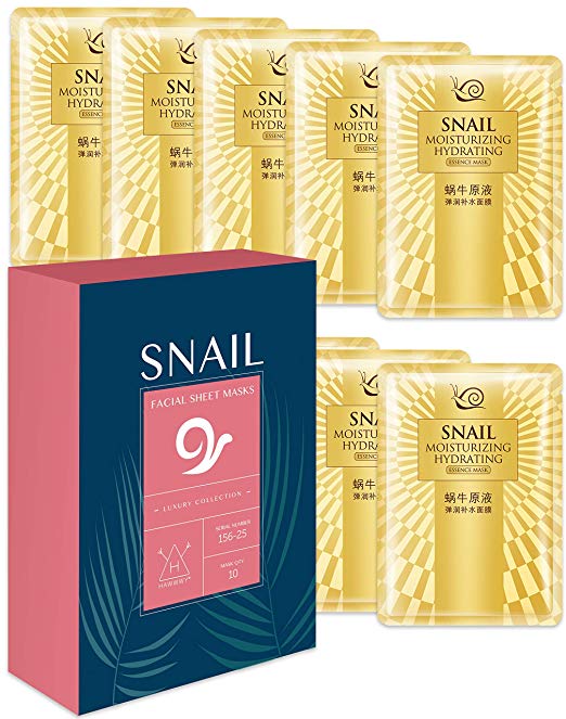 Hawwwy Snail Face Mask Sheet 10-Pack Full Natural Snail Mucin Facial Masks for Skin Care Repair Moisturizer Anti Aging Acne Best Peel Off Facemasks Sheet Mask Products for Men or Women