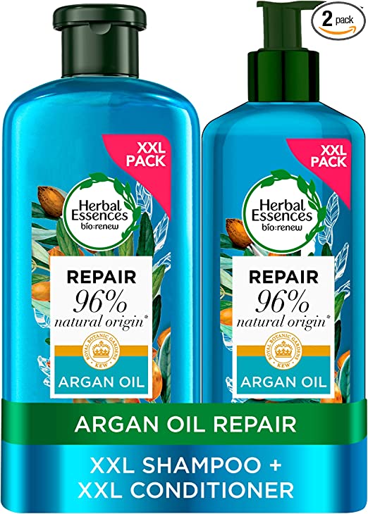 Herbal Essences Argan Oil of Morocco Vegan Shampoo and Conditioner Set for Dry, Damaged Hair, Hair Repair Argan Oil Shampoo And Conditioner, XXL Value Pack, 1145 ml, Get your Free Beauty Treatment!