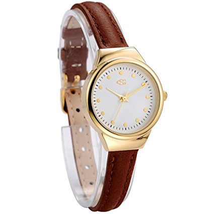 GEORGE SMITH Lady's 22 mm Small Unique Golden White Dial Wristwatch with Slim Brown Genuine Leather Band