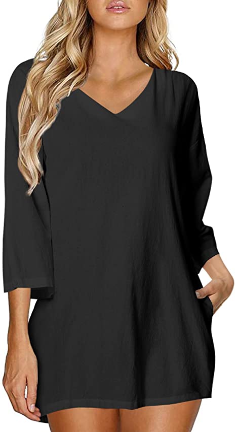 ZANZEA Women's Casual V Neck Long Sleeve Loose Oversized Baggy Tops Blouses Pullover Tunic Sweater Dress