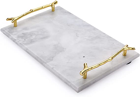 Hipiwe Natural Marble Stone Decorative Tray with Handle Handmade Vanity Organizer Tray Perfume Tray Catchall Tray for Bathroom Dresser Coffee Table Home Decor (12 x 8 inch ) (Light Gray)