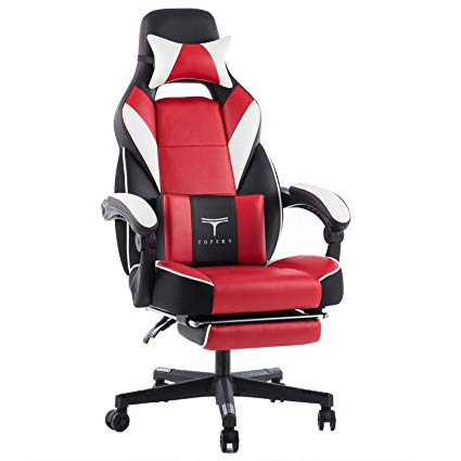 TOPSKY High Back Racing Style PU Leather Executive Computer Gaming Office Chair Ergonomic Reclining Design with Lumbar Cushion Footrest and Headres (Black and Red)