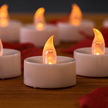 Mars Battery Operated Candles 24 Yellow Flickering LED Candles Tea Lights Free 100 Fake Rose Petals for Windows, Candle Holders, Luminaries, Birthday Candle, Wedding, Stocking Stuffers, Valentines