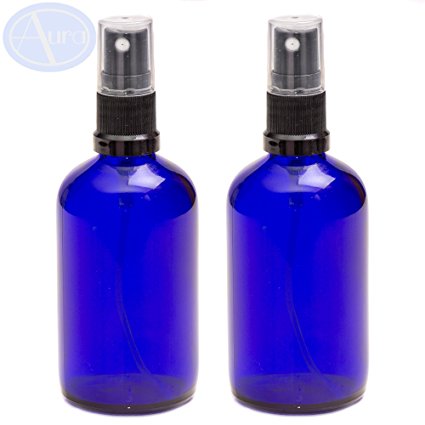 PACK of 2 - 100ml BLUE GLASS Bottles with Black ATOMISER Sprays. Essential Oil / Aromatherapy Use